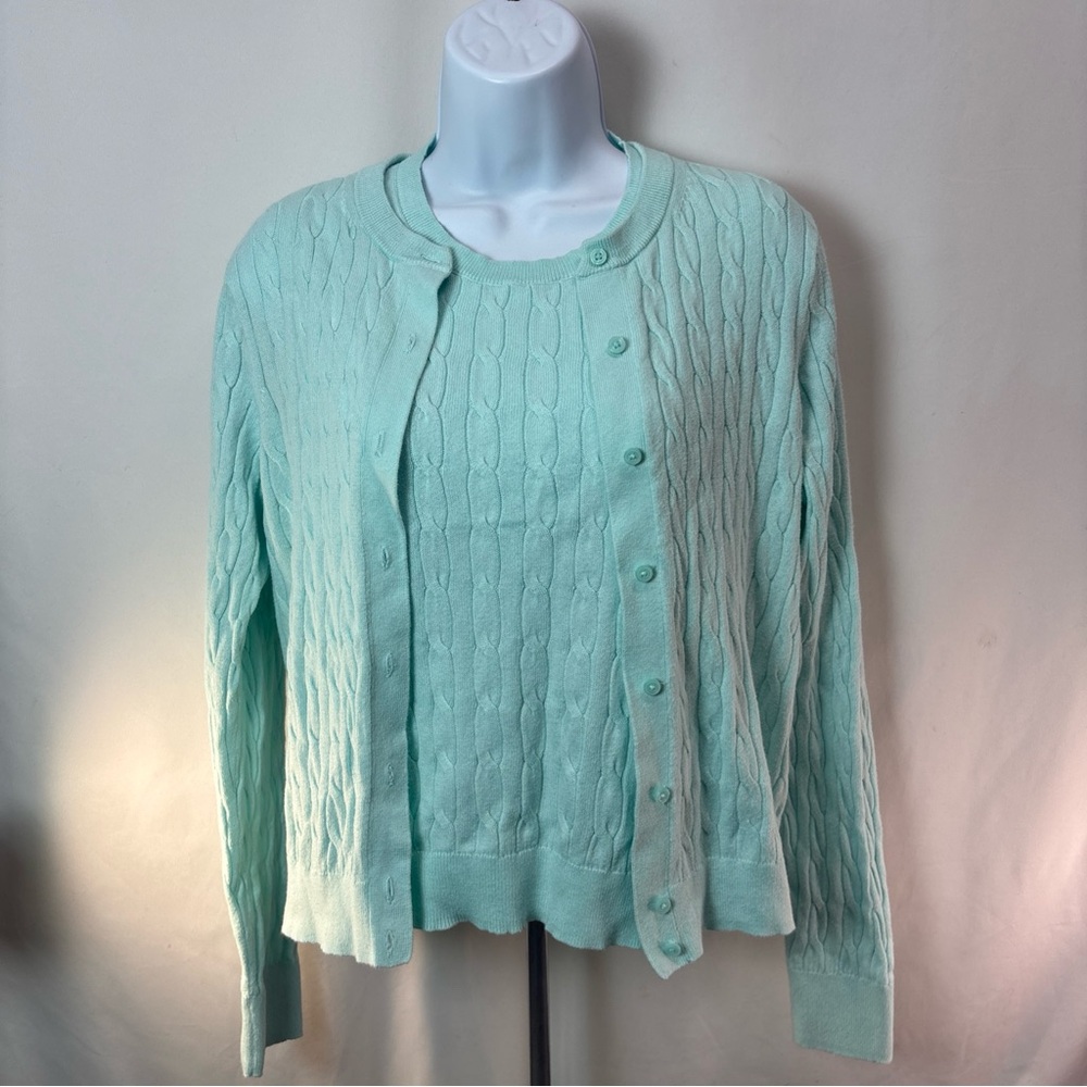 J Crew 2 PC Women’s Cable Knit Cardigan Sweater And Sleeveless Top Mint Blue Med